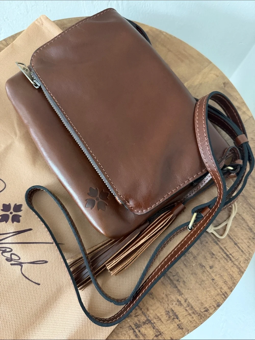 Patricia Nash Chestnut Brown Leather Messenger Bag with Tassel